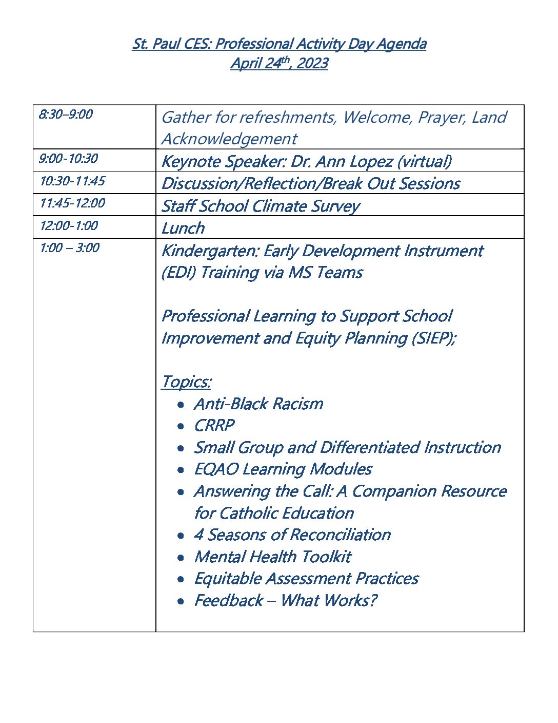 St. Paul Catholic Elementary School Burlington, ON » PA Day Agenda