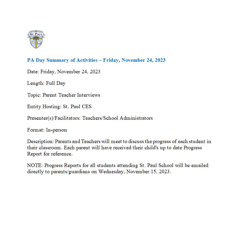 St. Paul Catholic Elementary School Burlington, ON » PA Day November